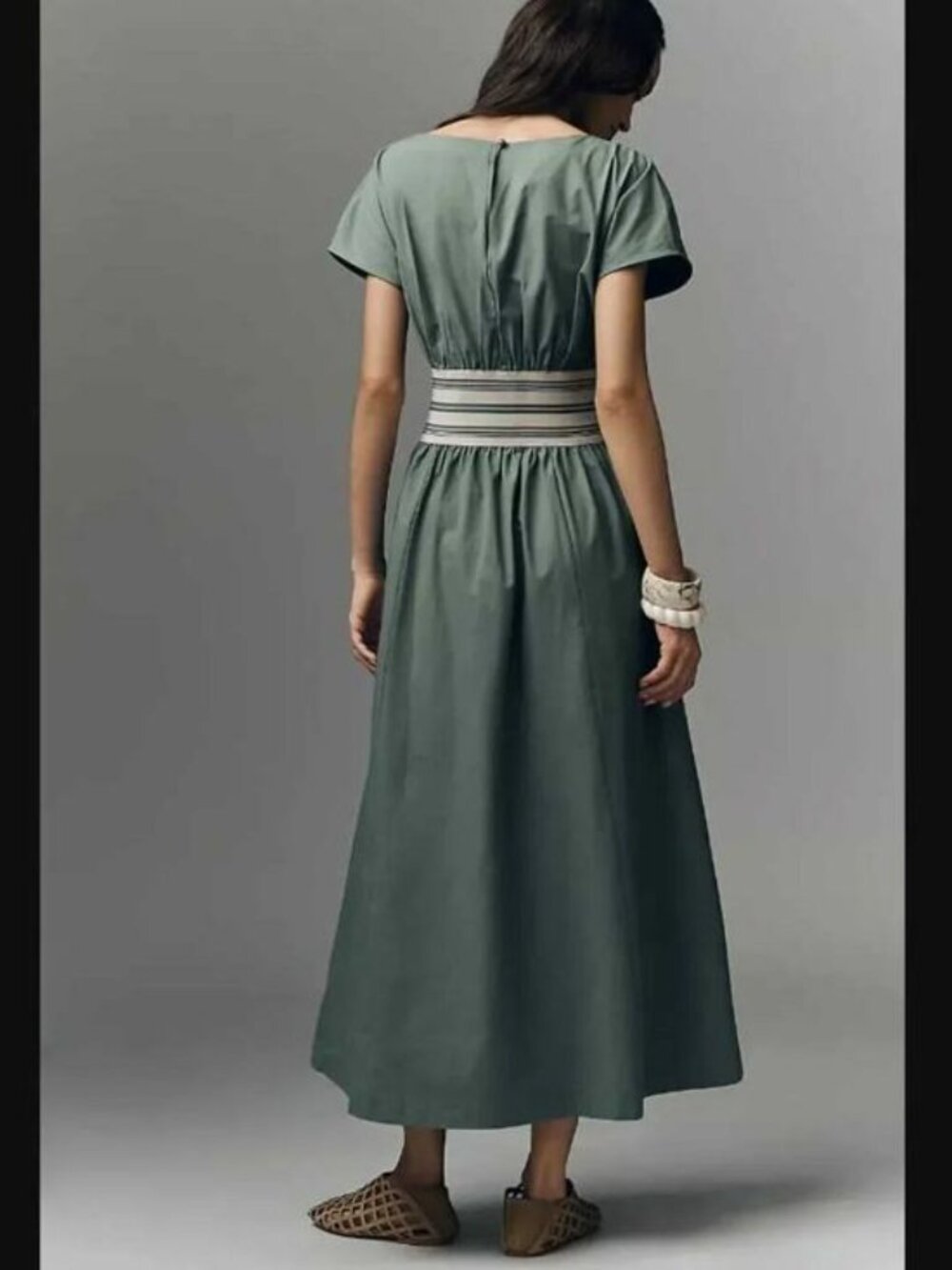 New MP Anthropologie waisted short-sleeve A-line midi dress Duck Green M Petite - Picture 3 of 12